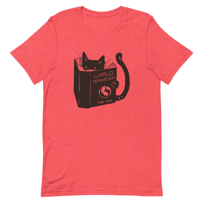 The design features a black silhouette of a cat peeking from behind an oversized book. The book's cover reads 'World Domination for Cats,' and includes a simple drawing of a globe. The cat's eyes are wide open, suggesting either surprise or intense focus on its 'world domination' plans.