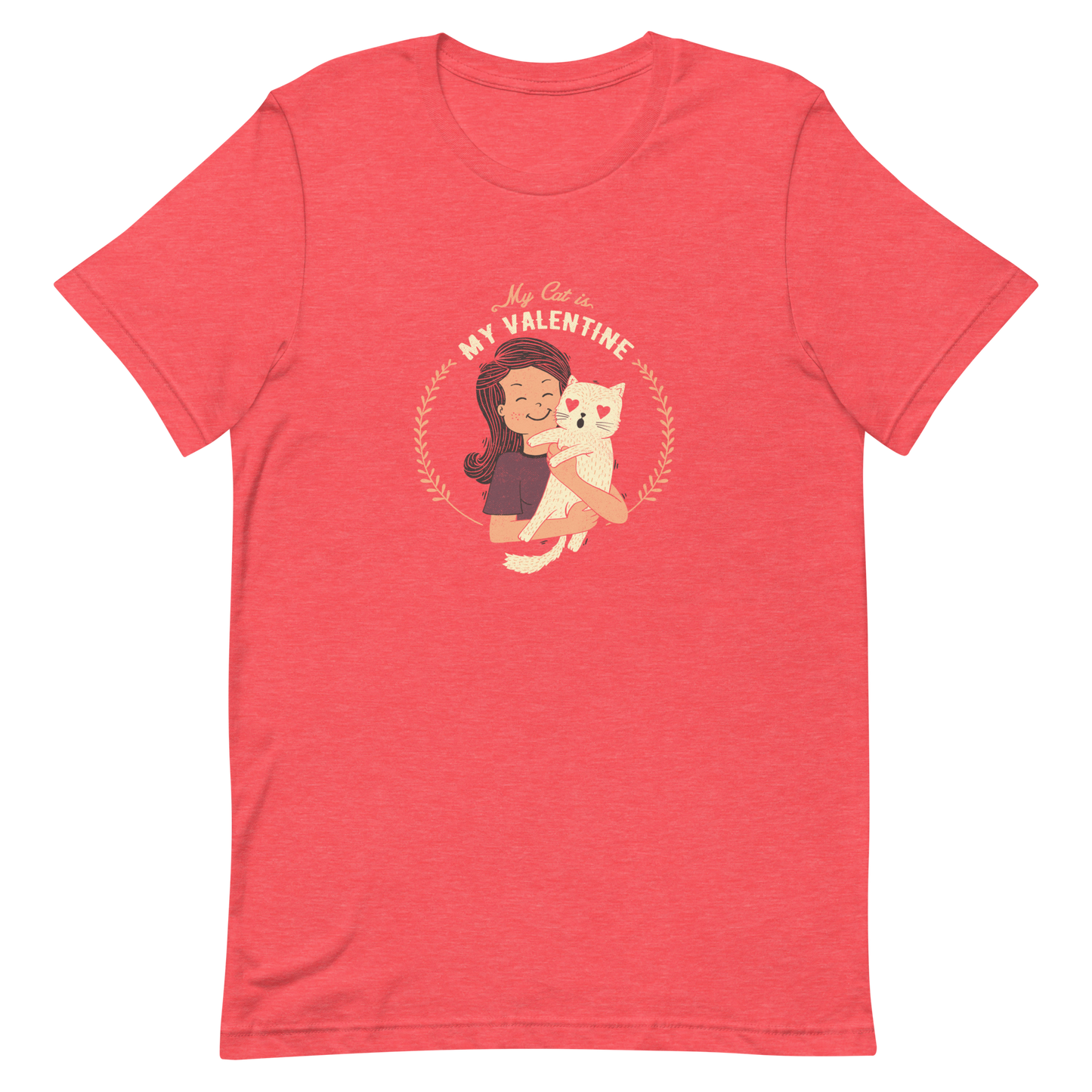 A cute illustration of a woman holding an adorable cat, paired with the phrase “My Cat Is My Valentine”. A sweet and relatable Valentine’s Day design for cat lovers.