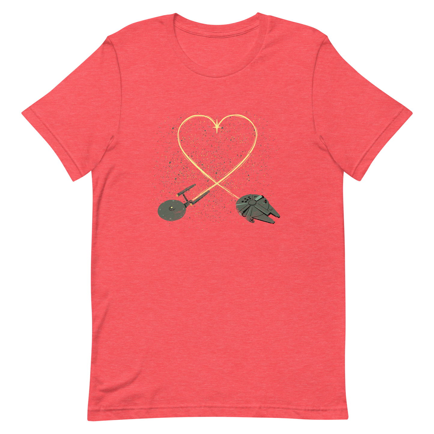A romantic sci-fi illustration of two retro-inspired spaceships flying through space, their trails forming a heart shape. A subtle tribute to classic science fiction adventures, perfect for sci-fi fans who love a touch of romance.
