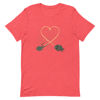 A romantic sci-fi illustration of two retro-inspired spaceships flying through space, their trails forming a heart shape. A subtle tribute to classic science fiction adventures, perfect for sci-fi fans who love a touch of romance.