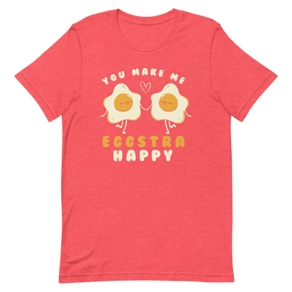 A fun and cute art of two bouncy starry eggs as if they were lovers, next to them the phrase "You make me eggstra happy". A humorous gift that combines love and eggs.