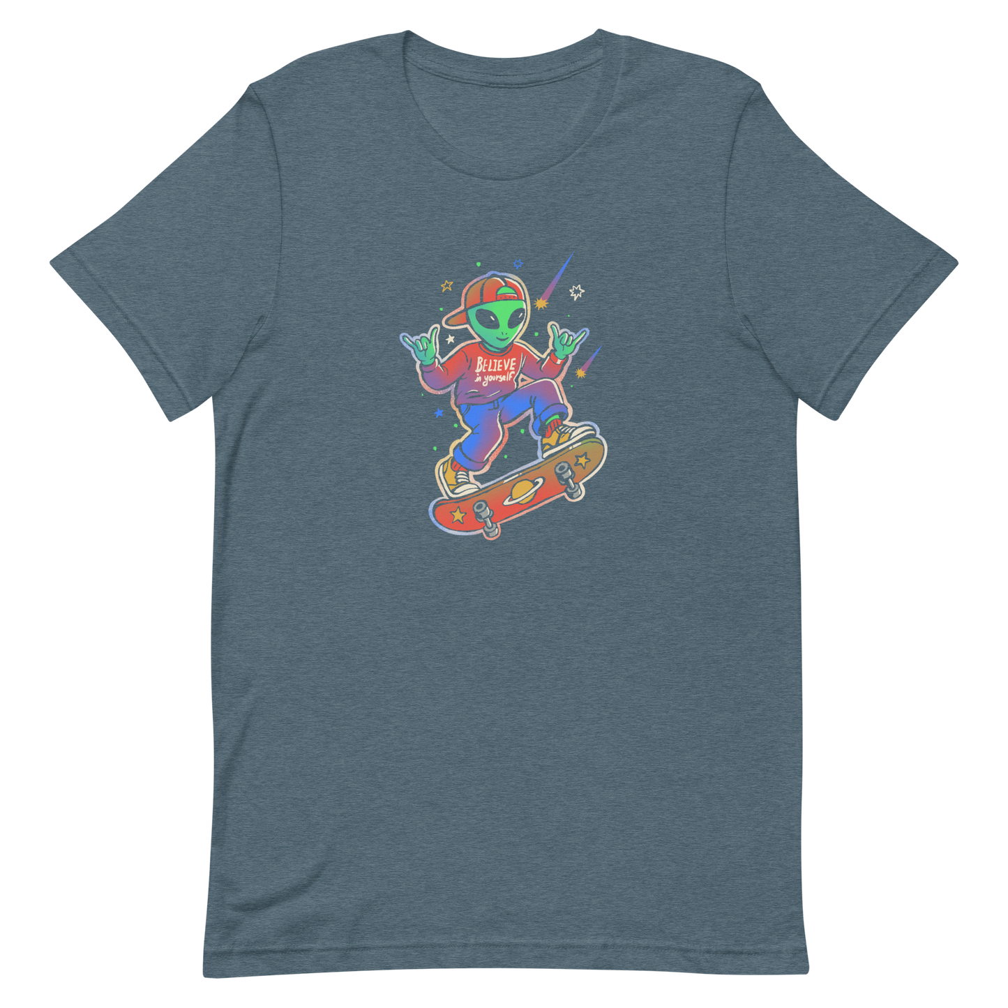 A stylish alien rides a cosmic skateboard, wearing a sweatshirt that says "Believe in Yourself". The artwork blends humor, urban culture, and a space-themed feel with vibrant colors. Ideal for alien fans, skateboard lovers, and anyone who enjoys creative prints with a positive message.