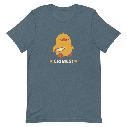 A cute yellow duck holding a small knife, with the text "Crimes" below it. This artwork blends humor with the ducks' temperament.