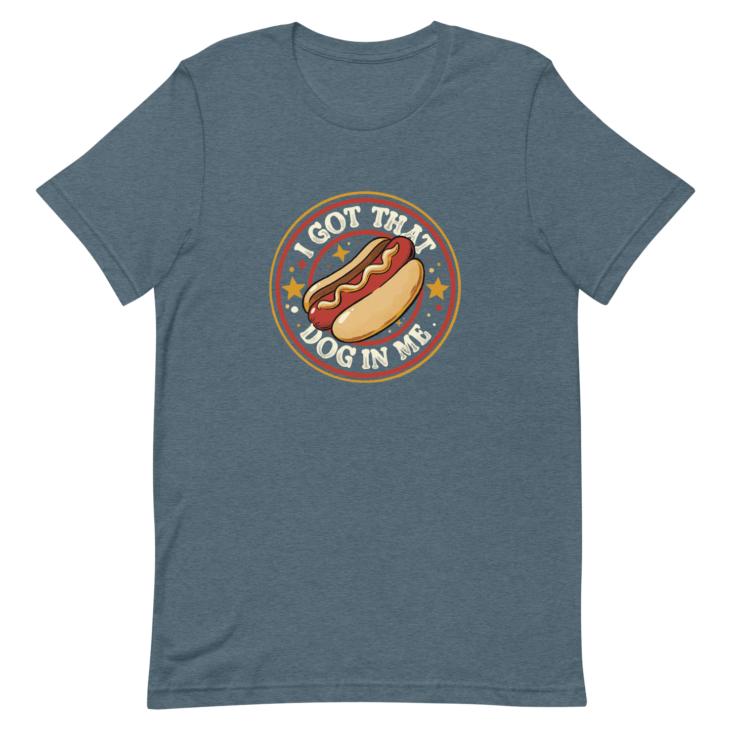 A retro-styled hotdog illustration surrounded by stars with the phrase “I Got That Dog In Me”. It combines humor and vintage design with a playful twist on the popular meme expression. The perfect gift for meme lovers, food enthusiasts, and anyone who enjoys bold, funny, and quirky designs.