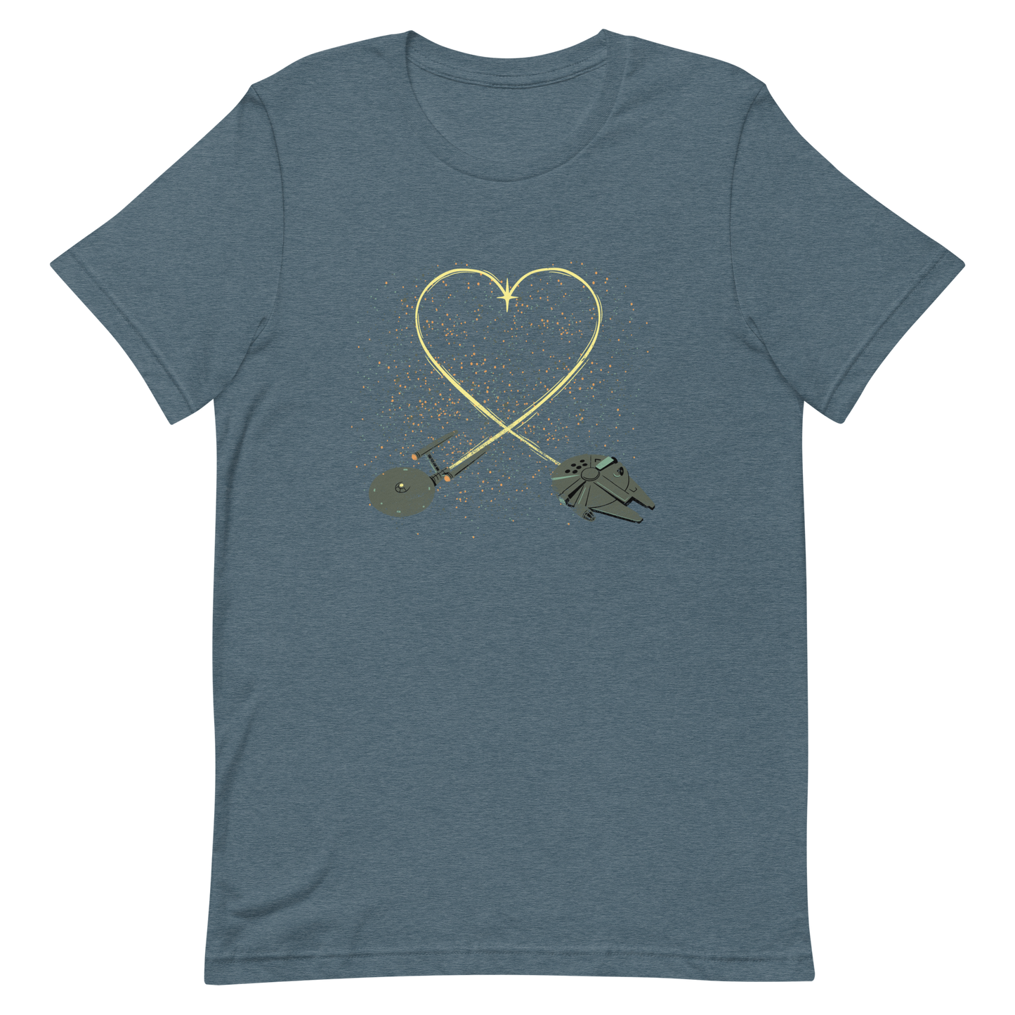 A romantic sci-fi illustration of two retro-inspired spaceships flying through space, their trails forming a heart shape. A subtle tribute to classic science fiction adventures, perfect for sci-fi fans who love a touch of romance.