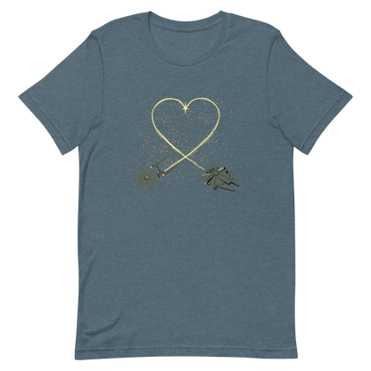 A romantic sci-fi illustration of two retro-inspired spaceships flying through space, their trails forming a heart shape. A subtle tribute to classic science fiction adventures, perfect for sci-fi fans who love a touch of romance.