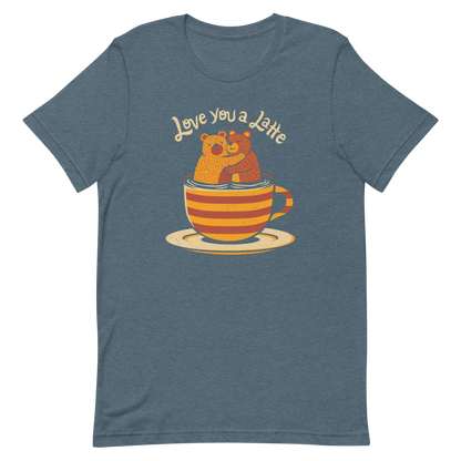 A cute Valentine’s Day illustration featuring two teddy bears hugging inside a cup of black coffee, paired with the phrase “I Love You a Latte”. A sweet and cosy design for coffee lovers, bear fans, and anyone who enjoys playful, romantic humour.


