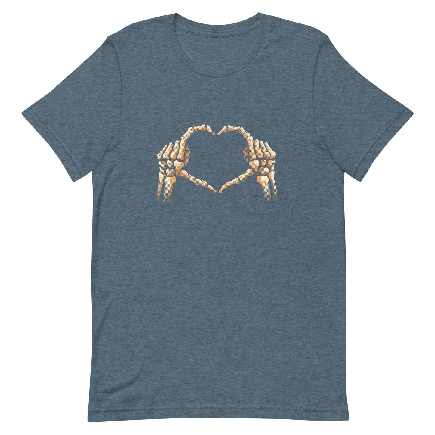 Two skeleton hands forming a heart with their fingers, an art that combines humor with love and is perfect for those who love Halloween.