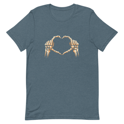 Two skeleton hands forming a heart with their fingers, an art that combines humor with love and is perfect for those who love Halloween.