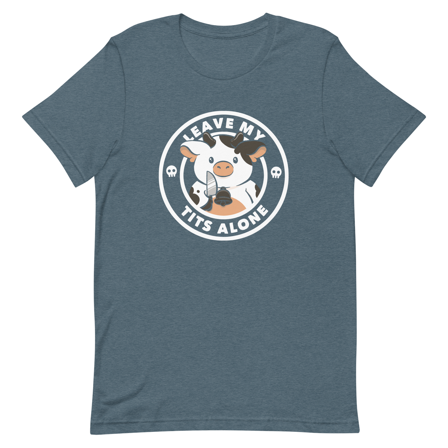 A quirky stamp-style design featuring a cute spotted cow holding a knife with the phrase “Leave My Tits Alone.” It mixes humor, attitude, and a playful call for animal respect. Perfect for cow lovers, fans of sassy humor, and anyone who supports animal rights.