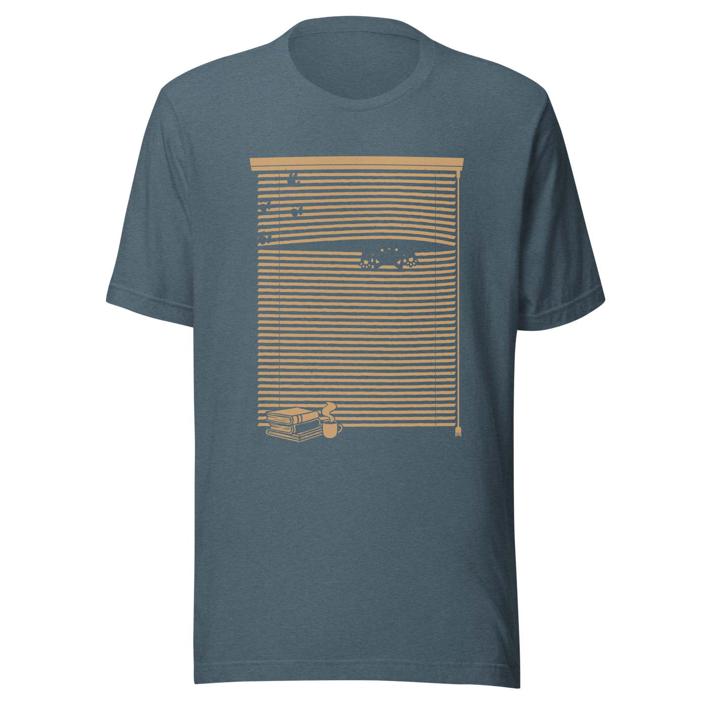 A Venetian blind with a stack of books in front of it and a small black cat peeking through a gap as if spying on the outside world. A charming and playful piece of art, perfect for cat owners, book lovers, and anyone who enjoys cozy, whimsical illustrations.