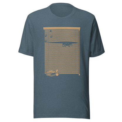 A Venetian blind with a stack of books in front of it and a small black cat peeking through a gap as if spying on the outside world. A charming and playful piece of art, perfect for cat owners, book lovers, and anyone who enjoys cozy, whimsical illustrations.