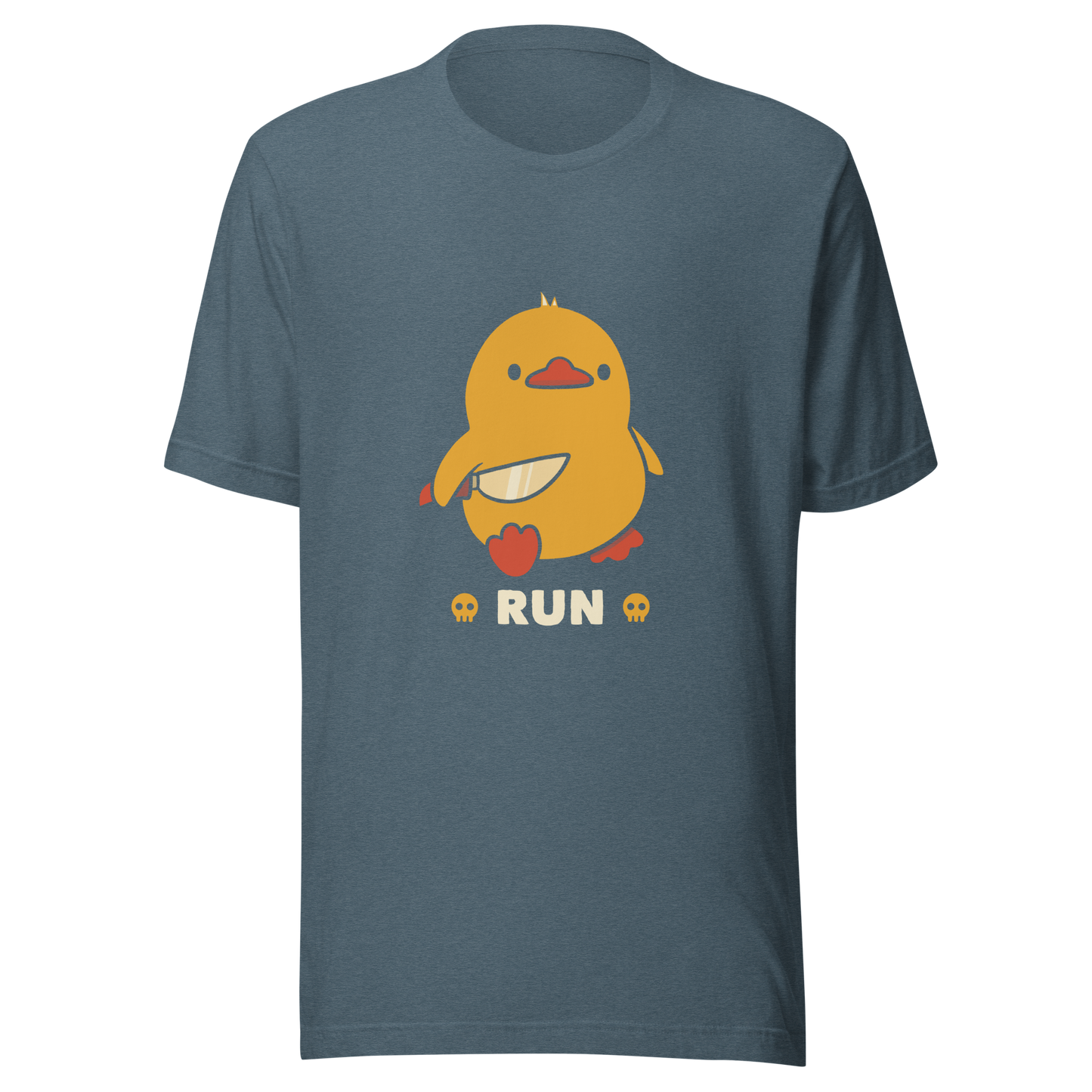 A cute yellow duck holding a small knife, with the text "Run" below it. This artwork blends humor with the ducks temperament.