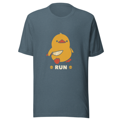 A cute yellow duck holding a small knife, with the text "Run" below it. This artwork blends humor with the ducks temperament.