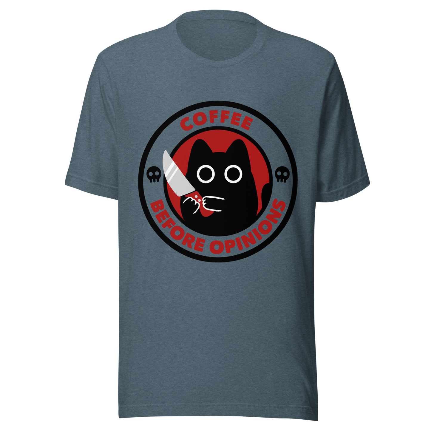 The illustration, in shades of red and black, features a wide-eyed black kitten holding a knife at the centre. Surrounding the cat is the phrase ‘Coffee Before Opinions’. A fun and cheeky gift for those who love cats and can’t function without their coffee.