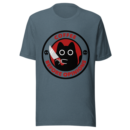The illustration, in shades of red and black, features a wide-eyed black kitten holding a knife at the centre. Surrounding the cat is the phrase ‘Coffee Before Opinions’. A fun and cheeky gift for those who love cats and can’t function without their coffee.