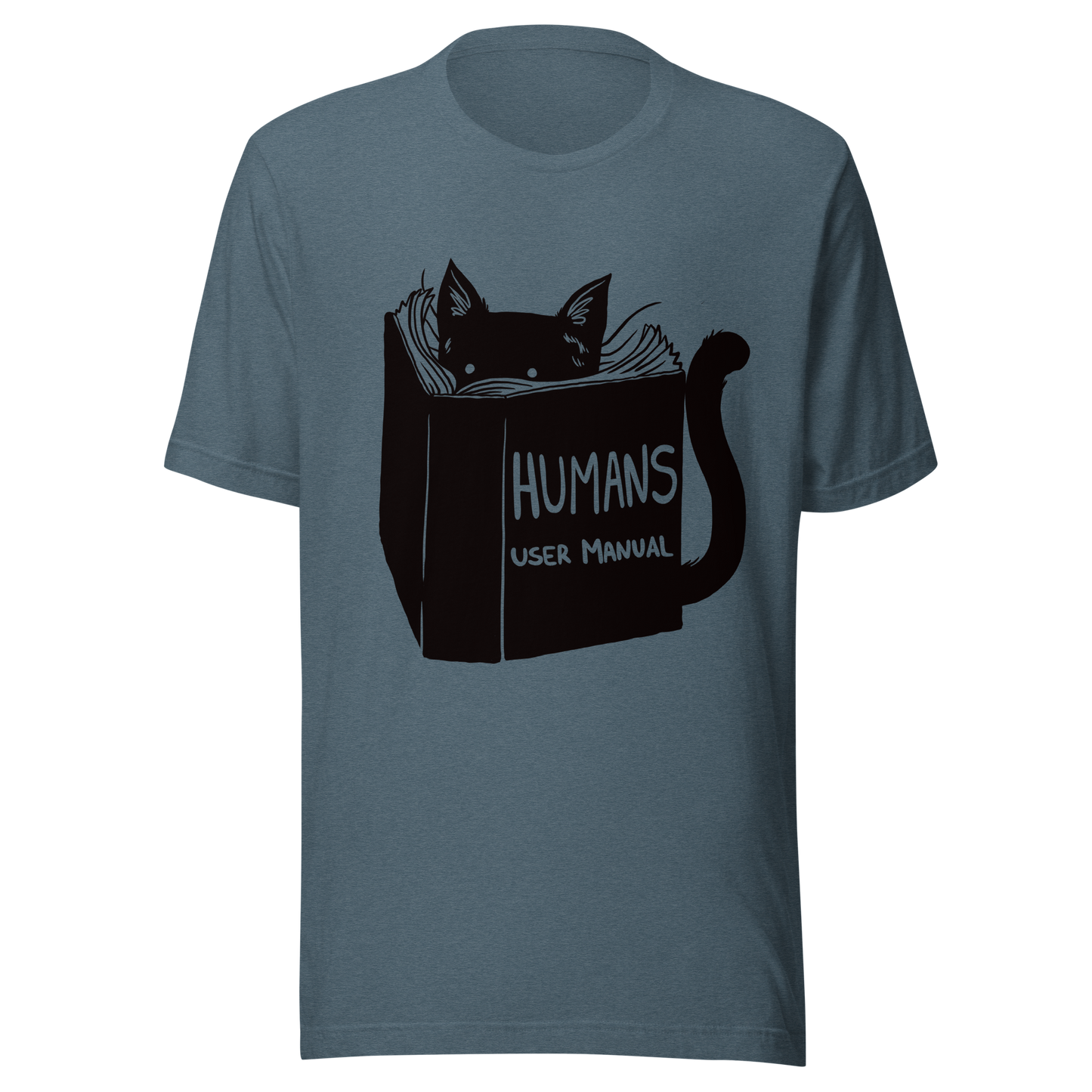 A kitten peeking out from behind a huge book titled "Humans: User Manual". This design plays on the idea that cats are trying to figure out how to control us. Perfect for cat lovers, book fans, and anyone who enjoys lighthearted humor in prints.