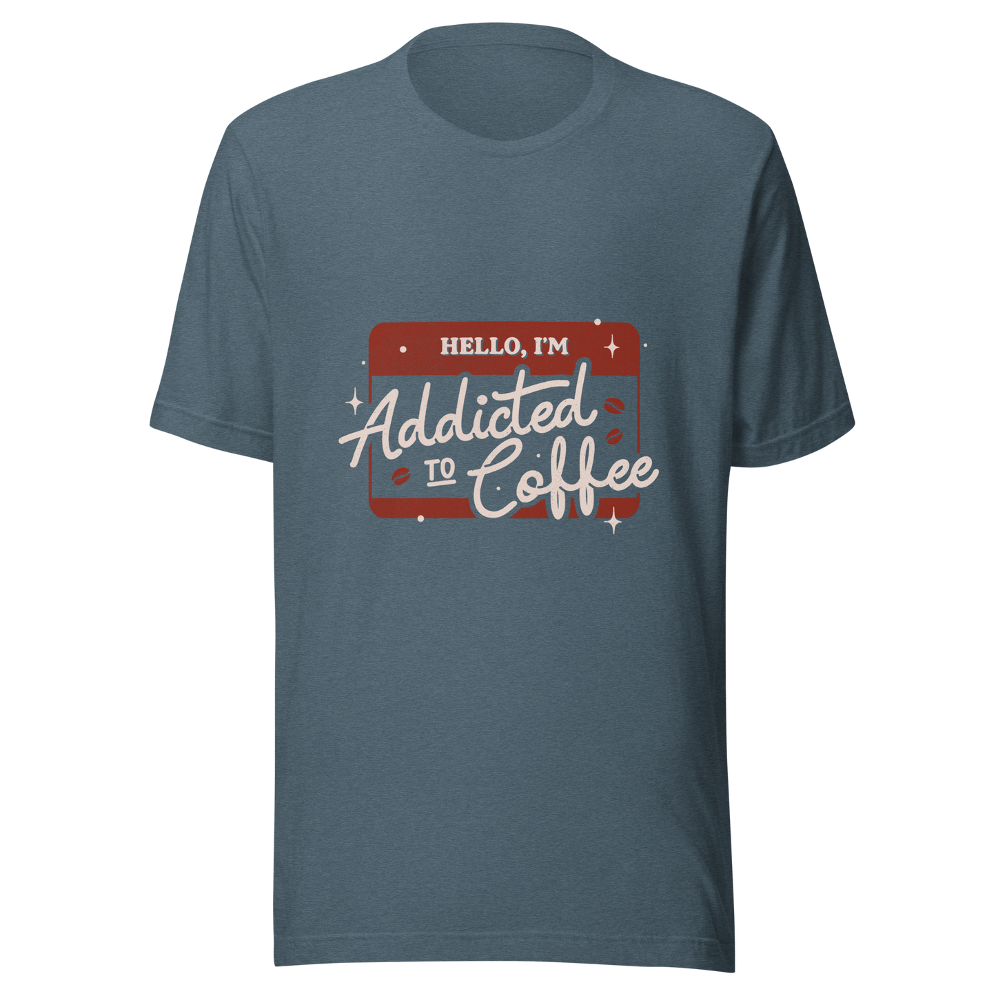 A vintage badge in shades of red with the phrase "Hello, I'm Addicted to 
Coffee" in stylized typography. This design celebrates the passion for coffee 
with a touch of humor. Perfect for coffee lovers, baristas, and everyone who only functions after the first cup.