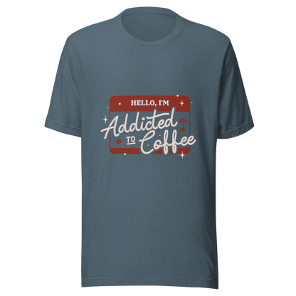 A vintage badge in shades of red with the phrase "Hello, I'm Addicted to 
Coffee" in stylized typography. This design celebrates the passion for coffee 
with a touch of humor. Perfect for coffee lovers, baristas, and everyone who only functions after the first cup.