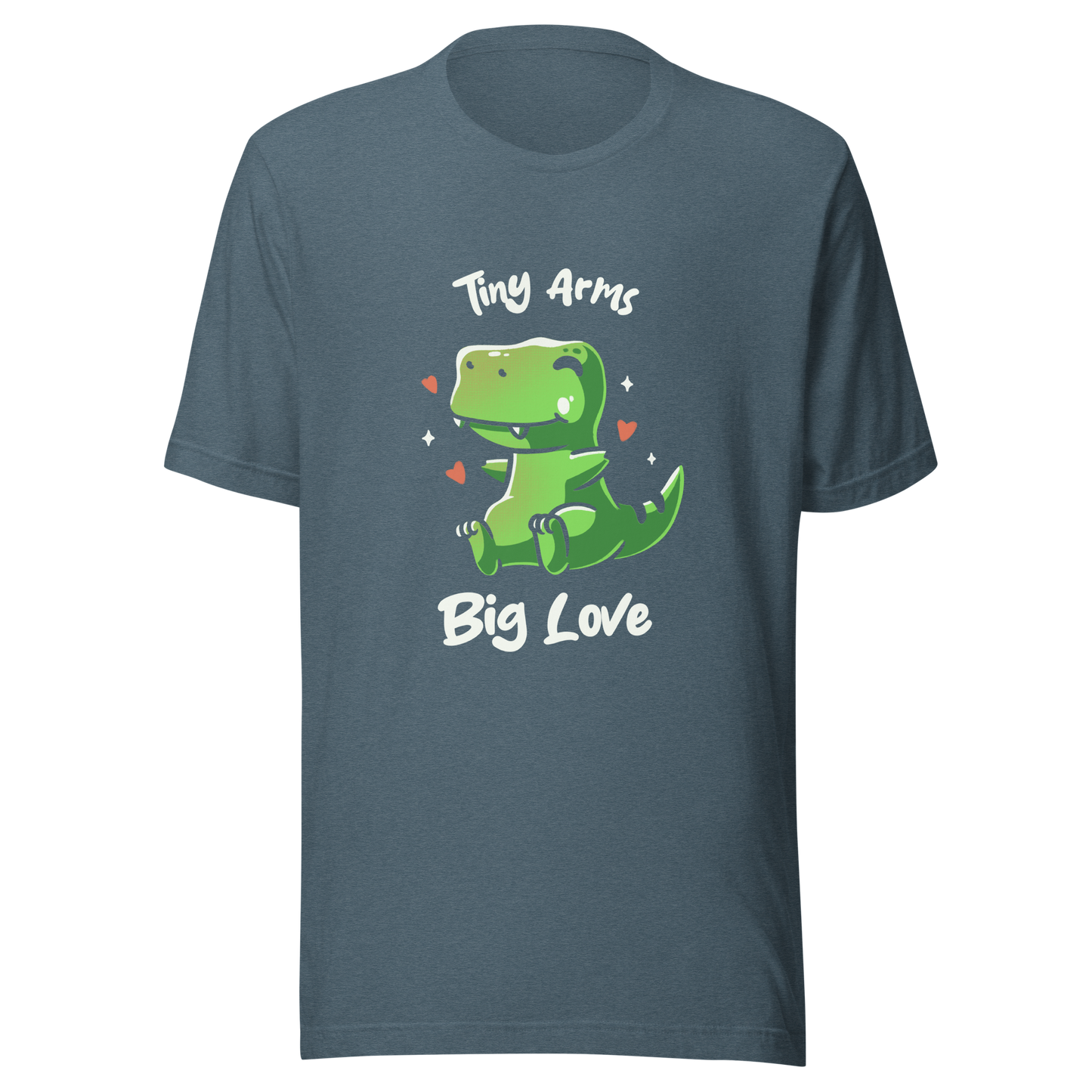 An adorable T-Rex appears in the center, with its short arms and cute smile. This design plays with the contrast between the dinosaur's ferocity and the phrase "Tiny arms, big love," delivering humor and affection. Perfect for those who love geeky, fun, and personality-filled prints, especially dinosaur fans and those with a soft heart.