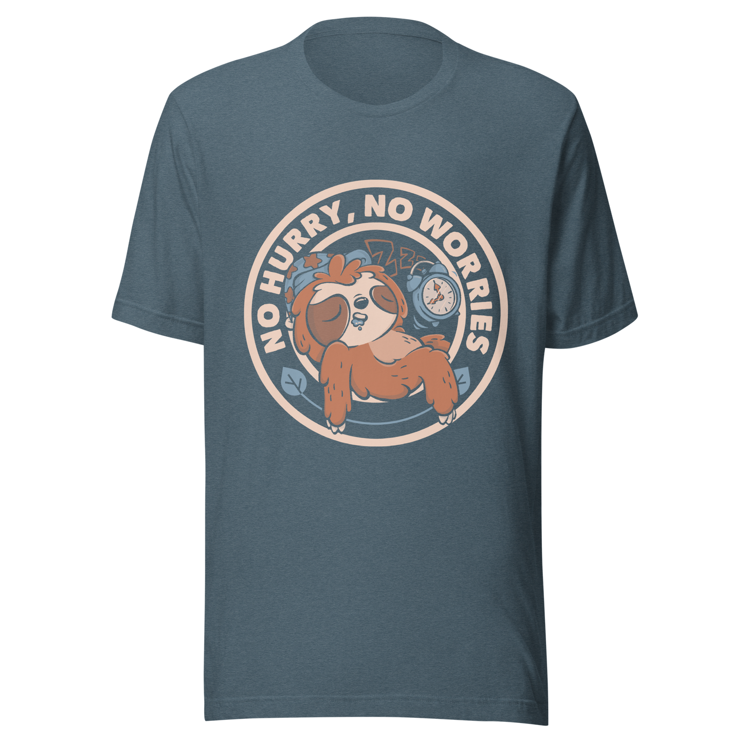 This cute artwork features a sleepy sloth wearing a sleeping cap with an alarm clock next to it and the phrase "no hurry, no worries" around it. This design celebrates the pleasure of slowing down and living without haste. Perfect for those who love light vibes, lazy humor, and prints that embrace a tired soul.