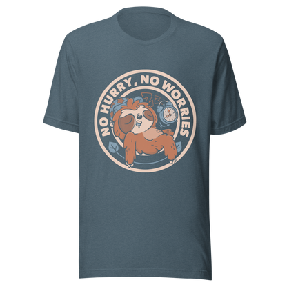 This cute artwork features a sleepy sloth wearing a sleeping cap with an alarm clock next to it and the phrase "no hurry, no worries" around it. This design celebrates the pleasure of slowing down and living without haste. Perfect for those who love light vibes, lazy humor, and prints that embrace a tired soul.
