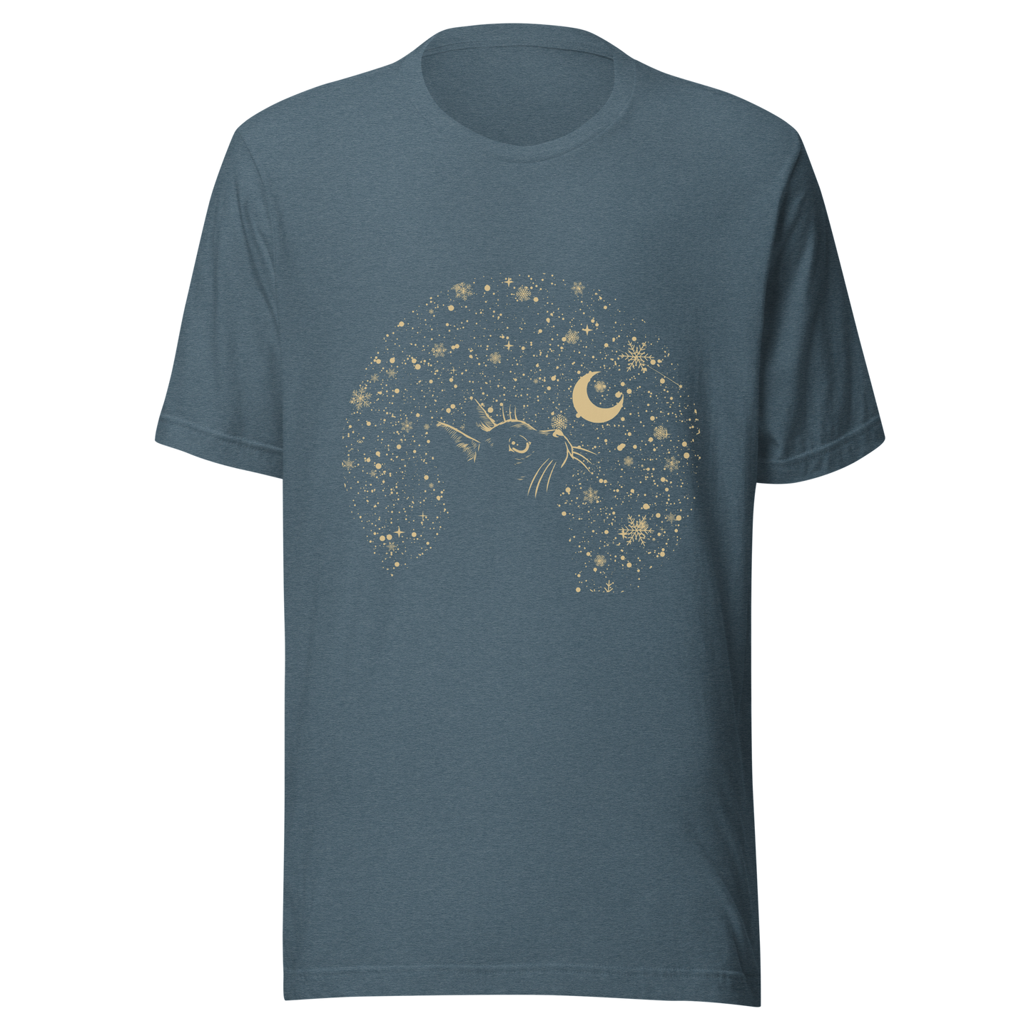 A minimalist artwork featuring a kitten in profile, gazing at the crescent moon on a quiet, moonlit night. A poetic piece, perfect for those who love cats and a slightly melancholic winter atmosphere.
