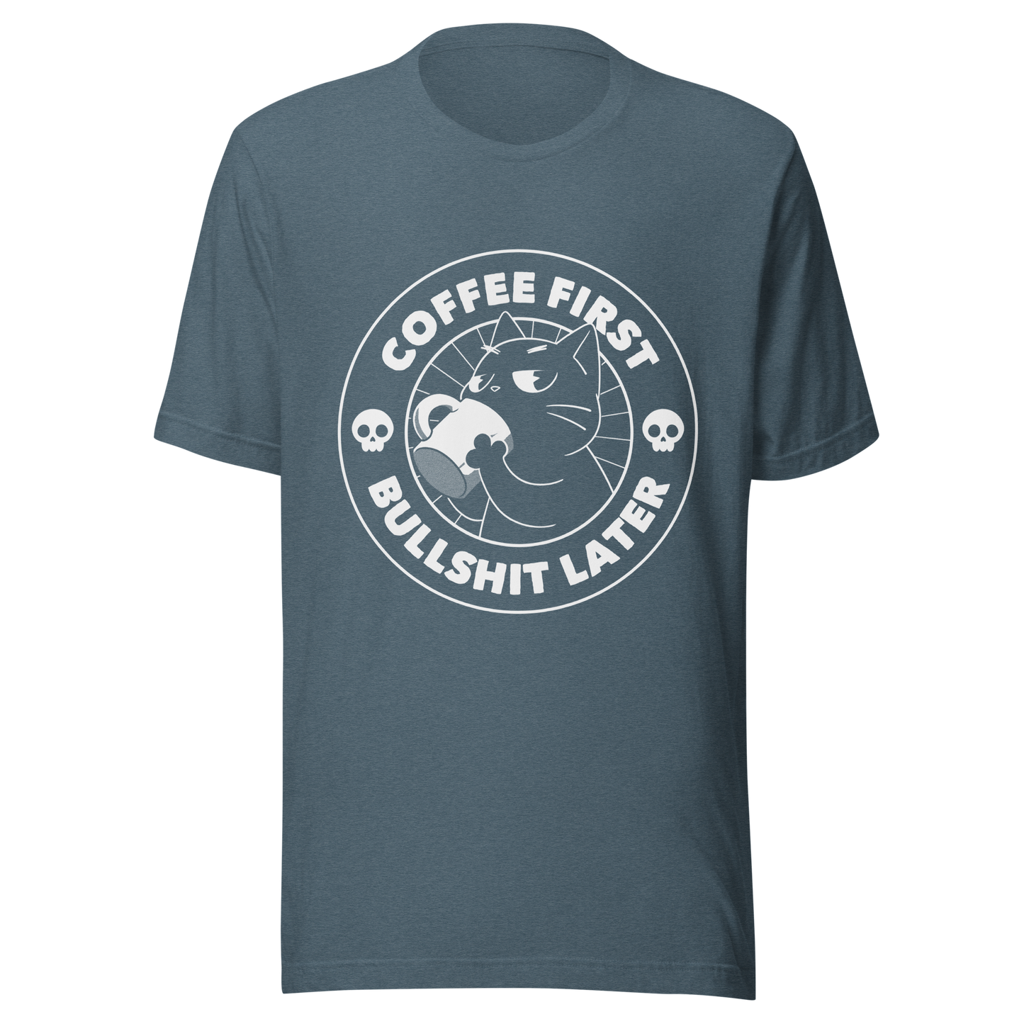 A black cat enjoys a hot cup of coffee, surrounded by the phrase “Coffee First Bullshit Later” adorned with skulls. This design combines dark humor with a touch of humor, perfect for those who face the day with equal doses of coffee and sarcasm. Made for lovers of felines, sarcasm and that extra dose of morning caffeine.