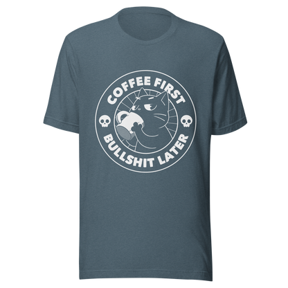 A black cat enjoys a hot cup of coffee, surrounded by the phrase “Coffee First Bullshit Later” adorned with skulls. This design combines dark humor with a touch of humor, perfect for those who face the day with equal doses of coffee and sarcasm. Made for lovers of felines, sarcasm and that extra dose of morning caffeine.