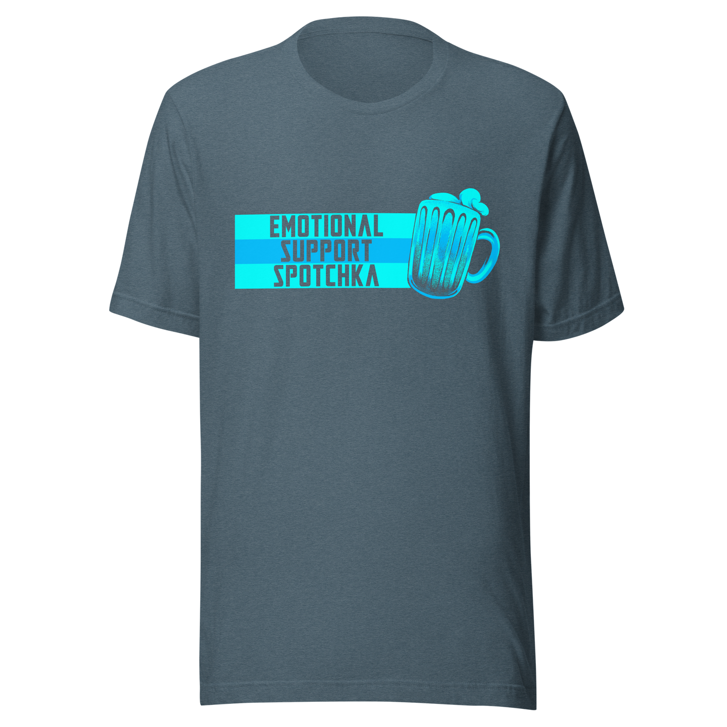The design features a stylized mug filled with a frothy beverage, colored in vibrant shades of blue. Next to the mug, bold text reads 'EMOTIONAL SUPPORT SPOTCHKA'. The use of color and font style gives it a playful, pop-culture vibe, hinting at something fantastical or sci-fi influenced.