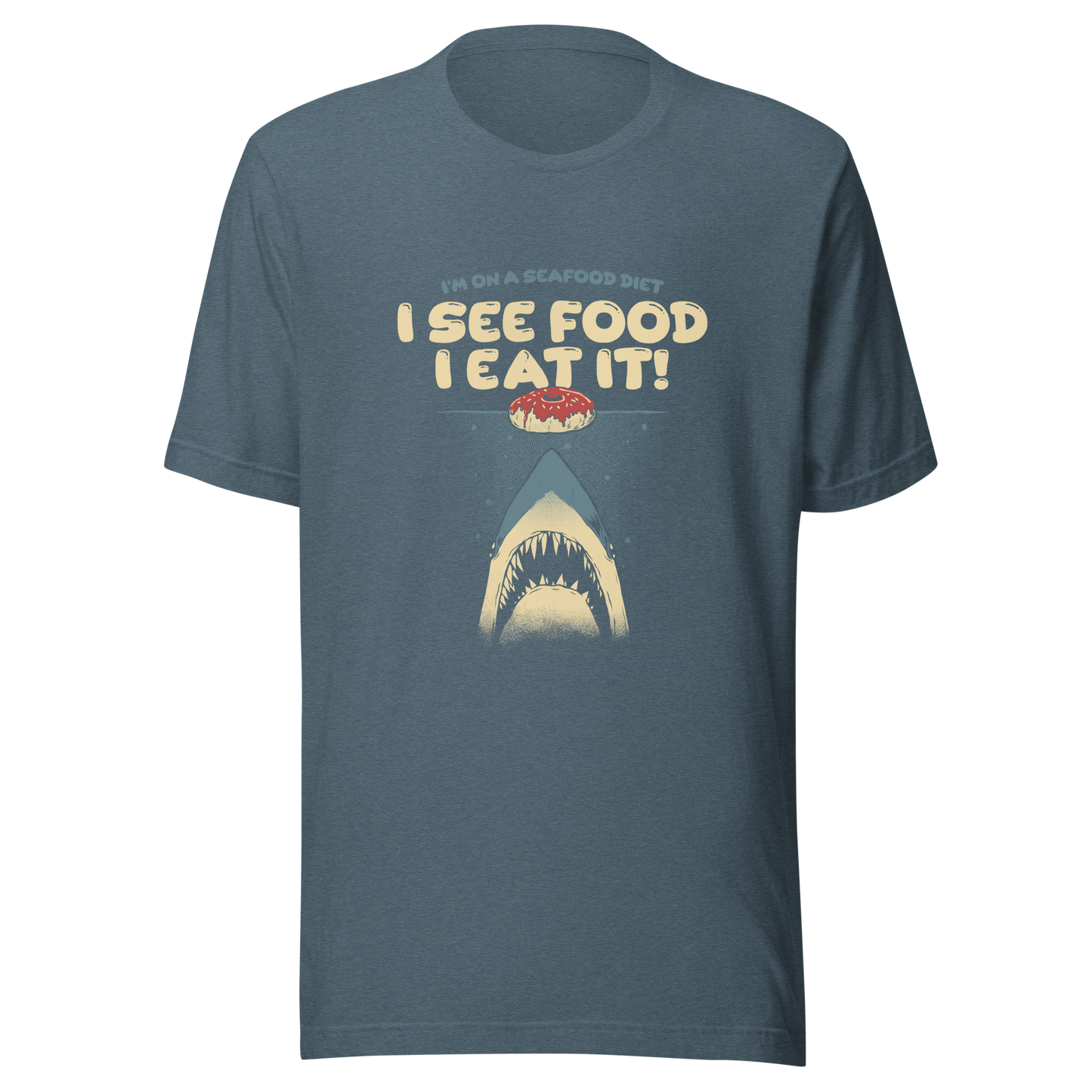 A shark rising from the water toward a floating donut, paired with playful retro typography. The artwork uses visual humor and a classic joke to create a fun, eye-catching composition with strong graphic contrast. Perfect for humor lovers, food fans, and anyone who enjoys witty designs with a slightly cheeky twist.
