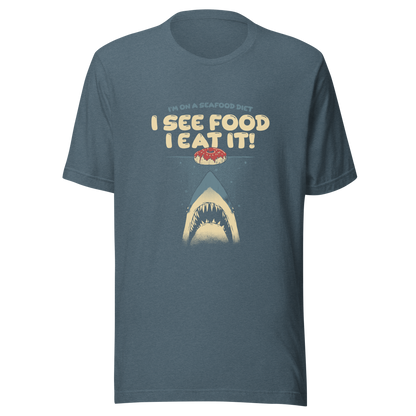 A shark rising from the water toward a floating donut, paired with playful retro typography. The artwork uses visual humor and a classic joke to create a fun, eye-catching composition with strong graphic contrast. Perfect for humor lovers, food fans, and anyone who enjoys witty designs with a slightly cheeky twist.