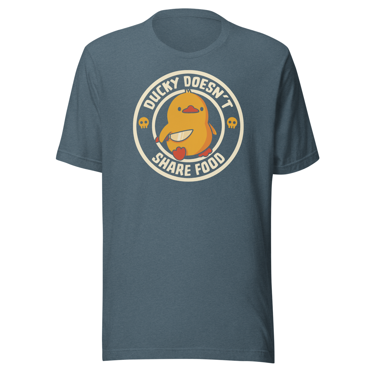 A cute yellow duck holding a small knife, paired with the phrase “Ducky Doesn’t Share Food”. A funny and sarcastic design that contrasts adorable looks with an aggressive, food-protective duck attitude.