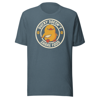 A cute yellow duck holding a small knife, paired with the phrase “Ducky Doesn’t Share Food”. A funny and sarcastic design that contrasts adorable looks with an aggressive, food-protective duck attitude.