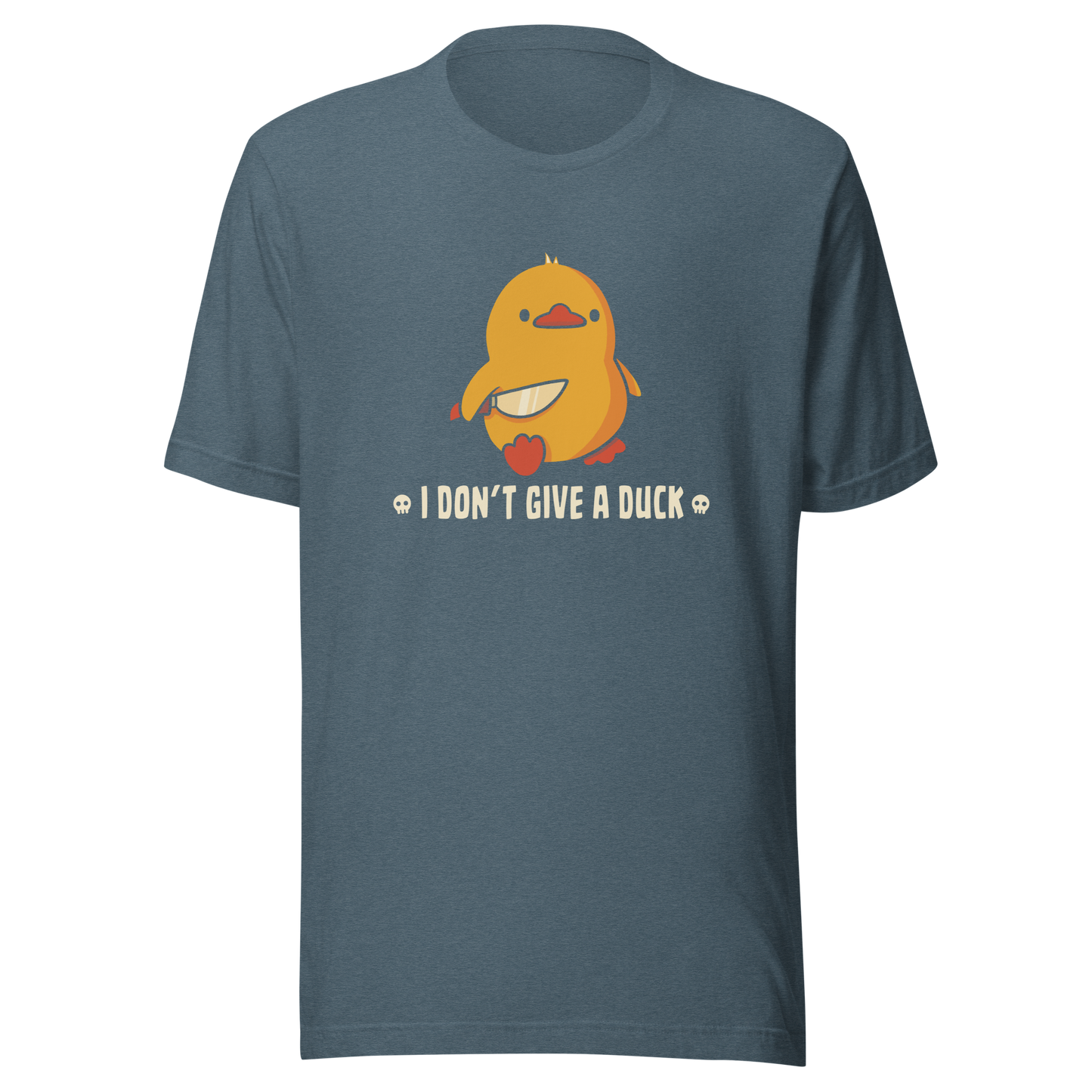 A cute yellow duck holding a small knife, around it the text "I Don't Give a Duck". An art that mixes humor with the temperament of ducks.