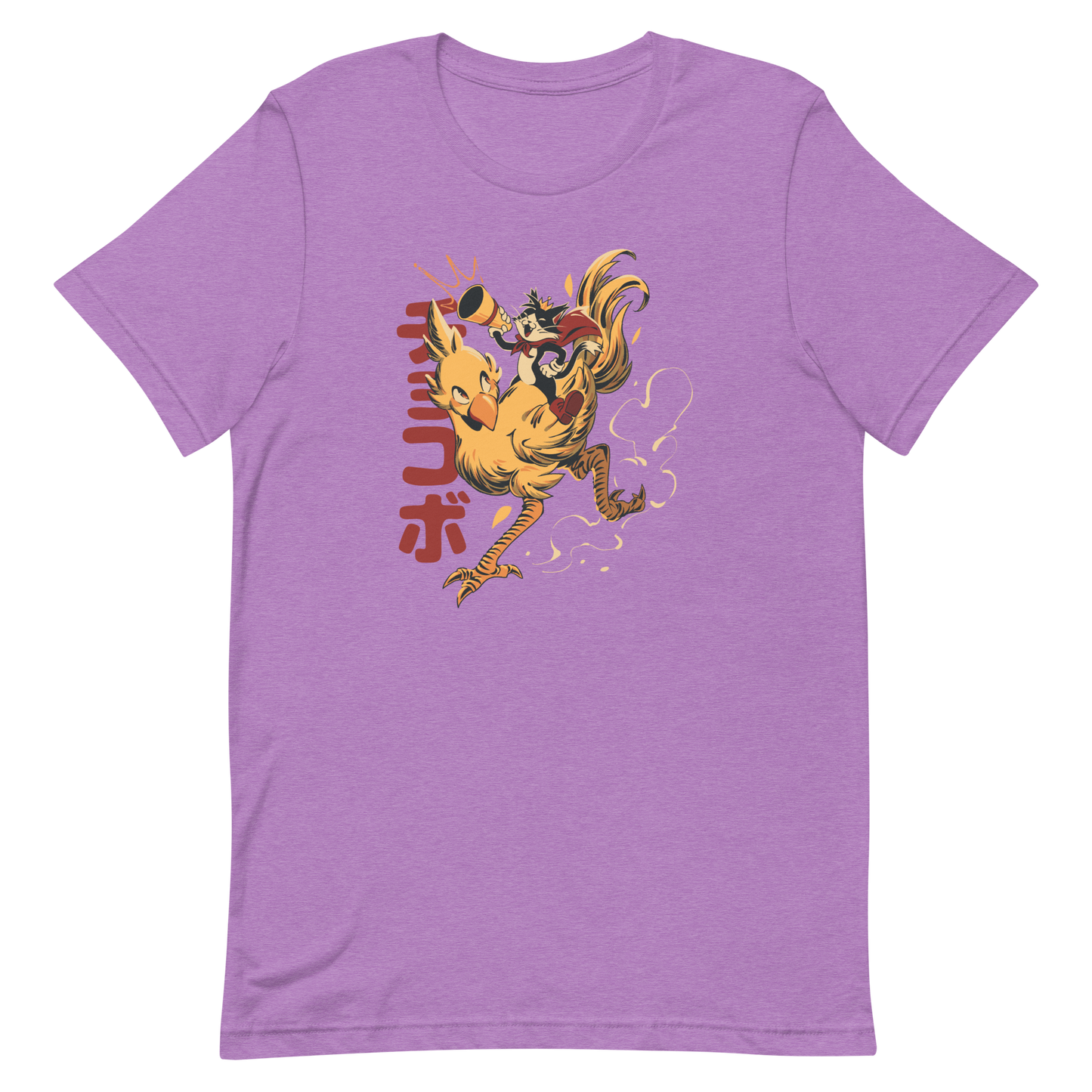 A stylized cartoon illustration of a confident cat wearing a cape and crown while riding a large yellow bird at full speed, with dynamic motion lines and Japanese writing in the background.