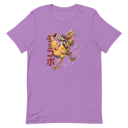 A stylized cartoon illustration of a confident cat wearing a cape and crown while riding a large yellow bird at full speed, with dynamic motion lines and Japanese writing in the background.