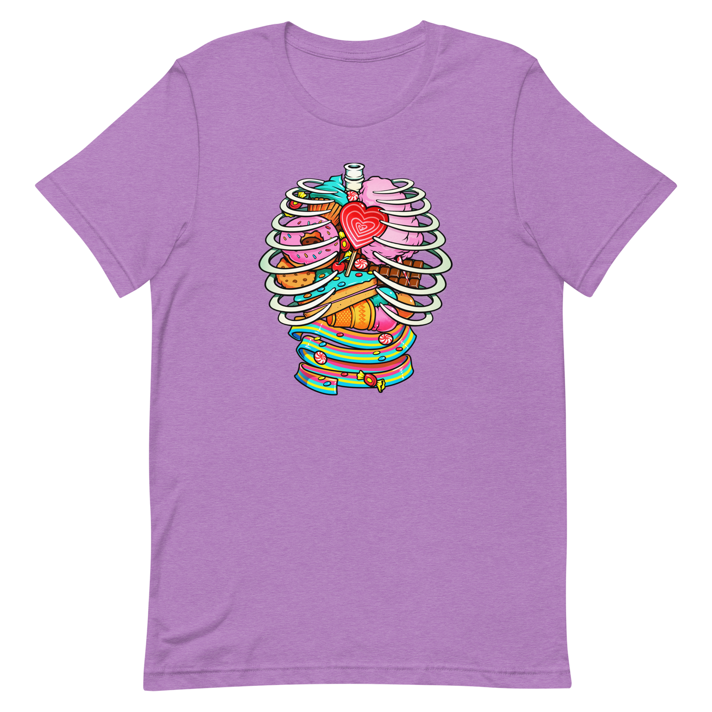 This vibrant design features a detailed, cartoonish human ribcage with various colorful candies and sweets filling the cavity. The sweets include a heart-shaped lollipop, cookies, cotton candy, chocolate bars, ice cream, donuts, and colorful candy strips. The style is reminiscent of pop art with bold lines and vivid colors, making it visually striking and playful.