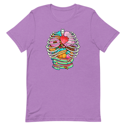 This vibrant design features a detailed, cartoonish human ribcage with various colorful candies and sweets filling the cavity. The sweets include a heart-shaped lollipop, cookies, cotton candy, chocolate bars, ice cream, donuts, and colorful candy strips. The style is reminiscent of pop art with bold lines and vivid colors, making it visually striking and playful.