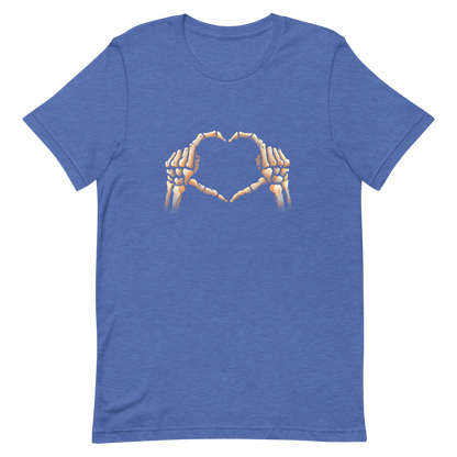 Two skeleton hands forming a heart with their fingers, an art that combines humor with love and is perfect for those who love Halloween.