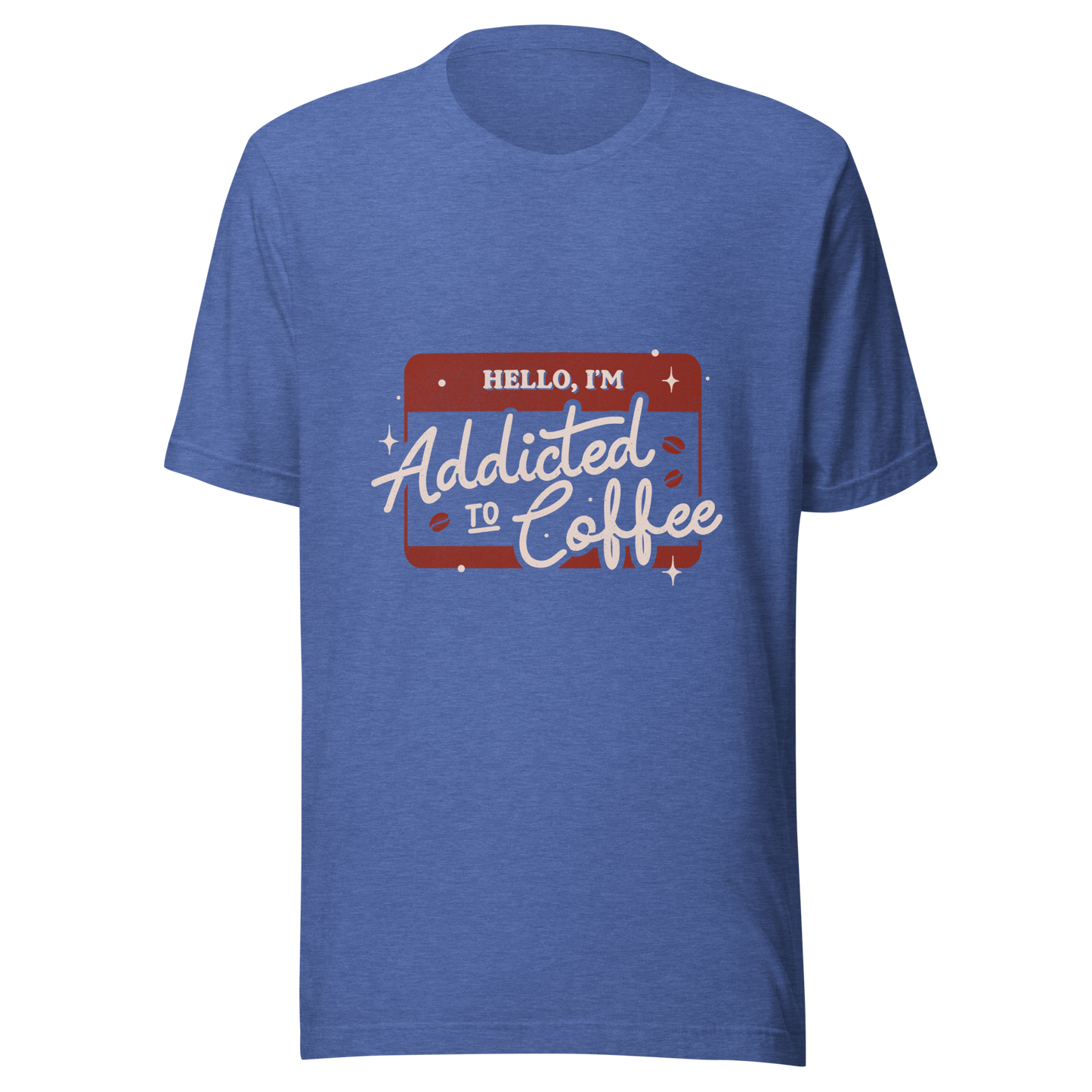 A vintage badge in shades of red with the phrase "Hello, I'm Addicted to 
Coffee" in stylized typography. This design celebrates the passion for coffee 
with a touch of humor. Perfect for coffee lovers, baristas, and everyone who only functions after the first cup.