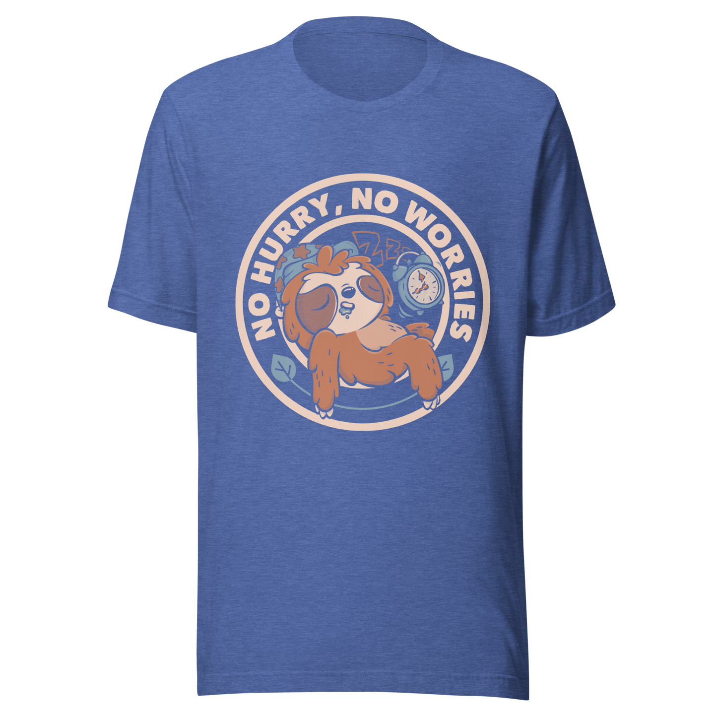 This cute artwork features a sleepy sloth wearing a sleeping cap with an alarm clock next to it and the phrase "no hurry, no worries" around it. This design celebrates the pleasure of slowing down and living without haste. Perfect for those who love light vibes, lazy humor, and prints that embrace a tired soul.
