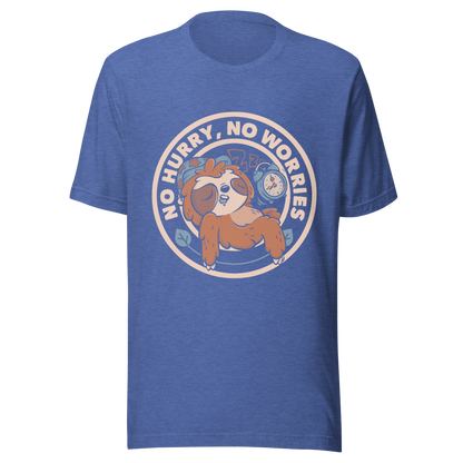 This cute artwork features a sleepy sloth wearing a sleeping cap with an alarm clock next to it and the phrase "no hurry, no worries" around it. This design celebrates the pleasure of slowing down and living without haste. Perfect for those who love light vibes, lazy humor, and prints that embrace a tired soul.