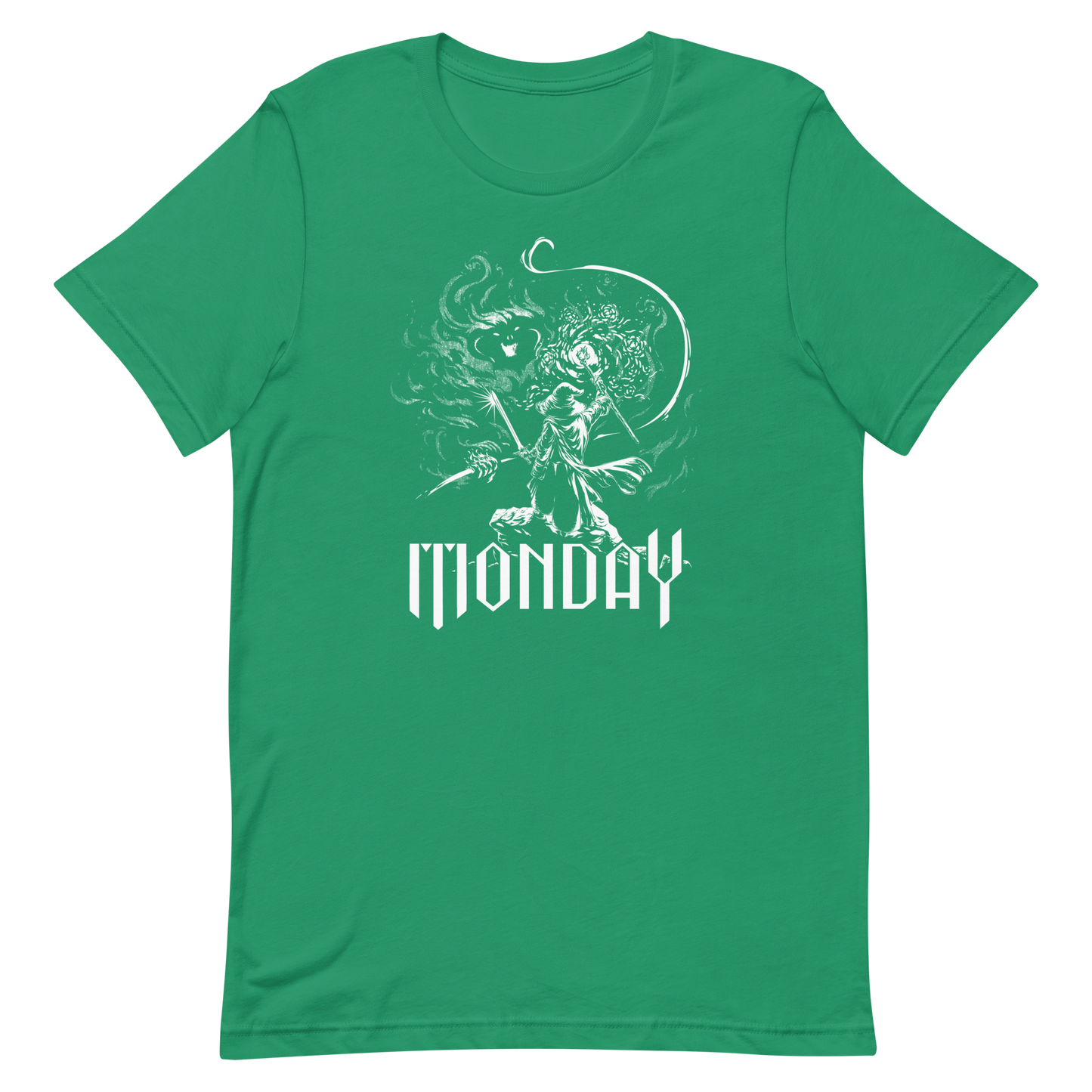 A white fantasy-style illustration showing a wizard standing on a rock, wielding a staff and sword, casting a spell toward a swirling dark, smoky monster with glowing eyes and mouth. The word “MONDAY” appears in large, bold, gothic letters at the bottom, symbolizing the wizard battling the chaos of Monday.
