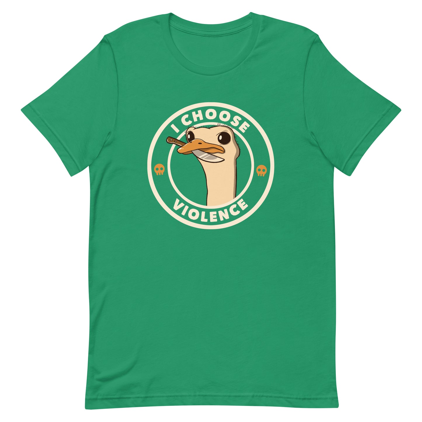 A cartoonish emu with large, expressive eyes holds a knife in its beak, suggesting a humorous and ironic menacing look. The image is framed by two circles, with the text 'I CHOOSE VIOLENCE' around the inner circle. Two small skull icons are placed on either side below the text.