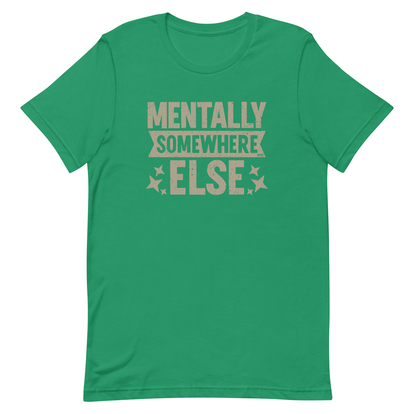 Distressed vintage-style text graphic displaying the phrase “Mentally Somewhere Else,” decorated with scattered star icons and a bold, textured font.