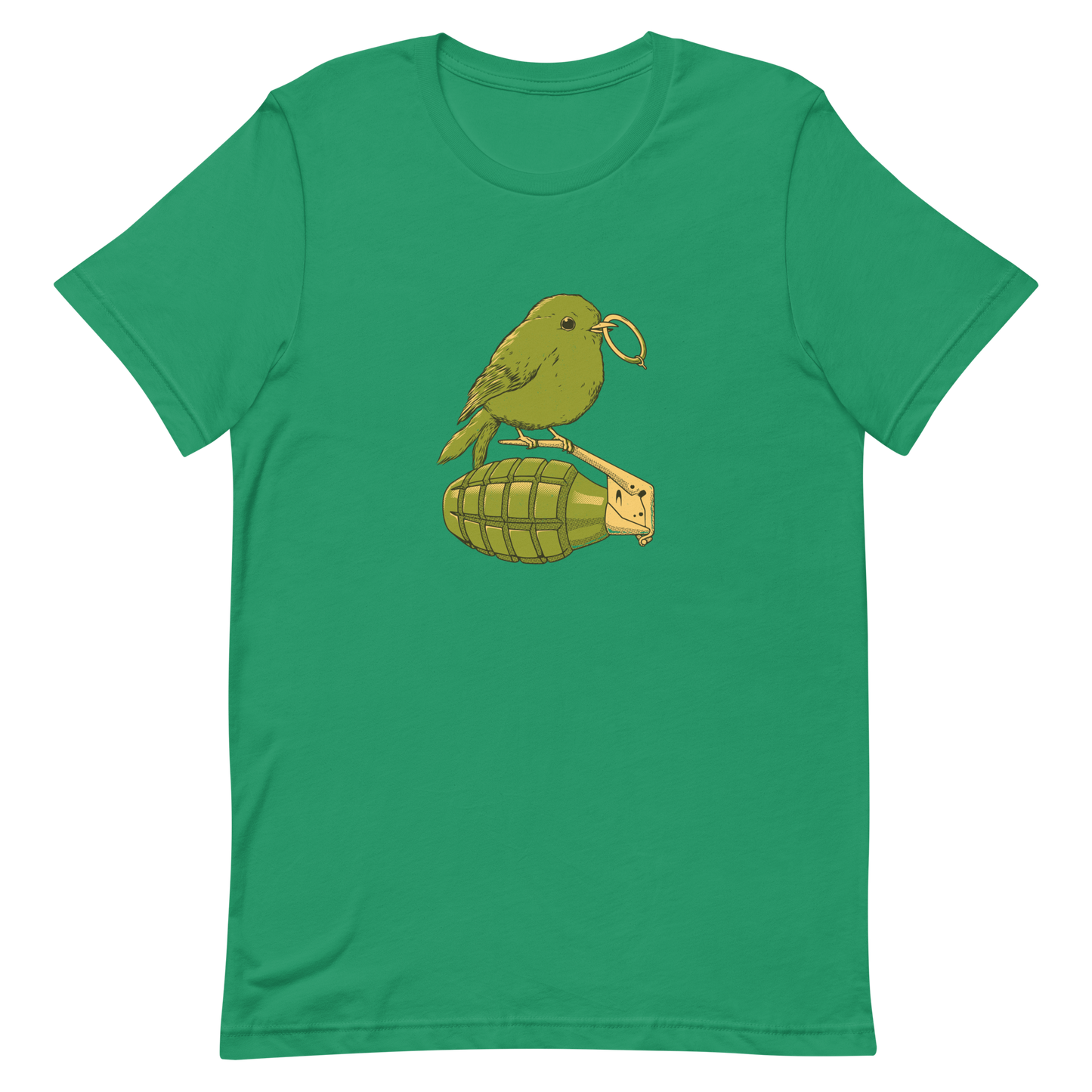 A small, detailed bird with a realistic style perches on top of a hand grenade. The bird holds the pin of the grenade in its beak, giving the image a whimsical yet ironic feel. The color palette consists of shades of green and tan, with a playful blend of nature and military elements. The overall vibe is quirky and thought-provoking, blending humor with a hint of danger.