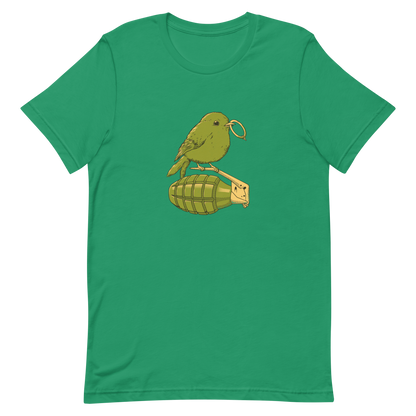 A small, detailed bird with a realistic style perches on top of a hand grenade. The bird holds the pin of the grenade in its beak, giving the image a whimsical yet ironic feel. The color palette consists of shades of green and tan, with a playful blend of nature and military elements. The overall vibe is quirky and thought-provoking, blending humor with a hint of danger.