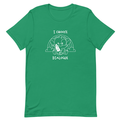 An adorable cow holds a knife while sitting in front of a rainbow, accompanied by the phrase “I Choose Dialogue.” This design combines sweetness and irony to create a fun and unexpected contrast. It’s a great gift for those who enjoy subtle humor and designs that combine cuteness with a touch of irreverence.