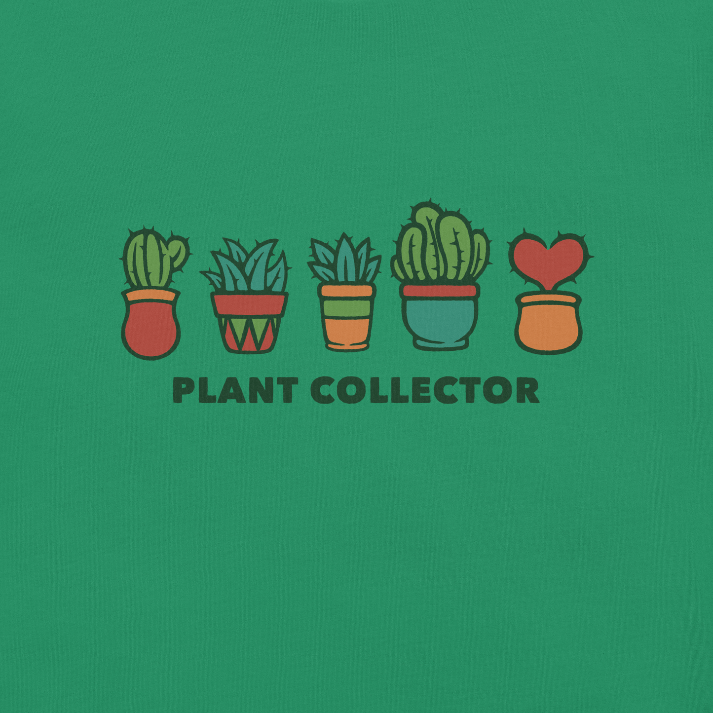 This cute illustration features five potted cacti, each from a different species, including one charming heart shaped cactus. The text “Plant Collector” below adds a playful touch, making it a perfect gift for plant lovers, gardeners, and anyone who can’t resist a little green in their life.